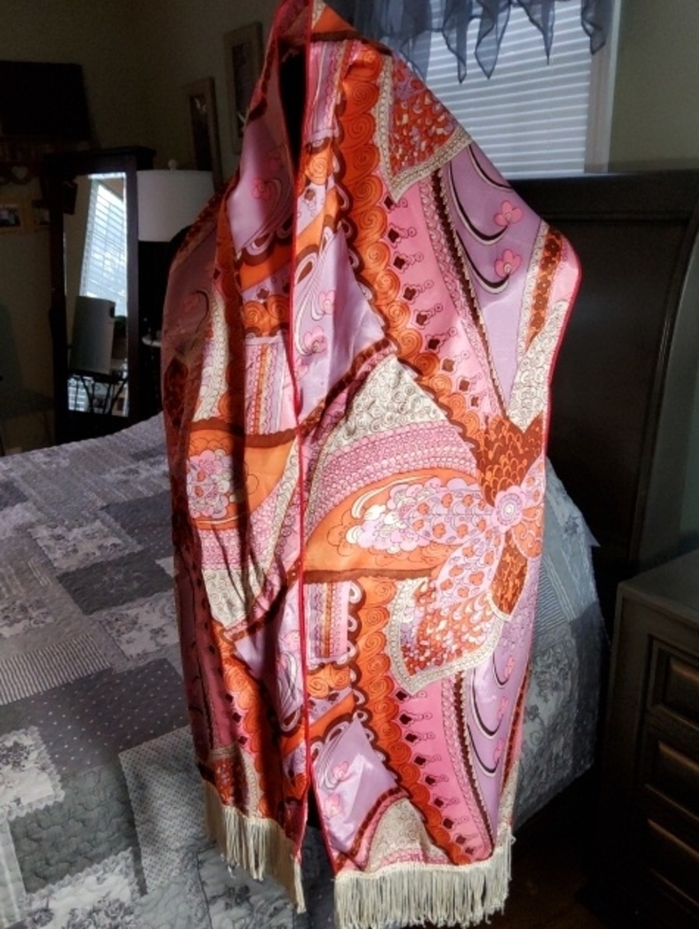 Vintage Silky Pink & Orange Paisley Fringe Scarf
